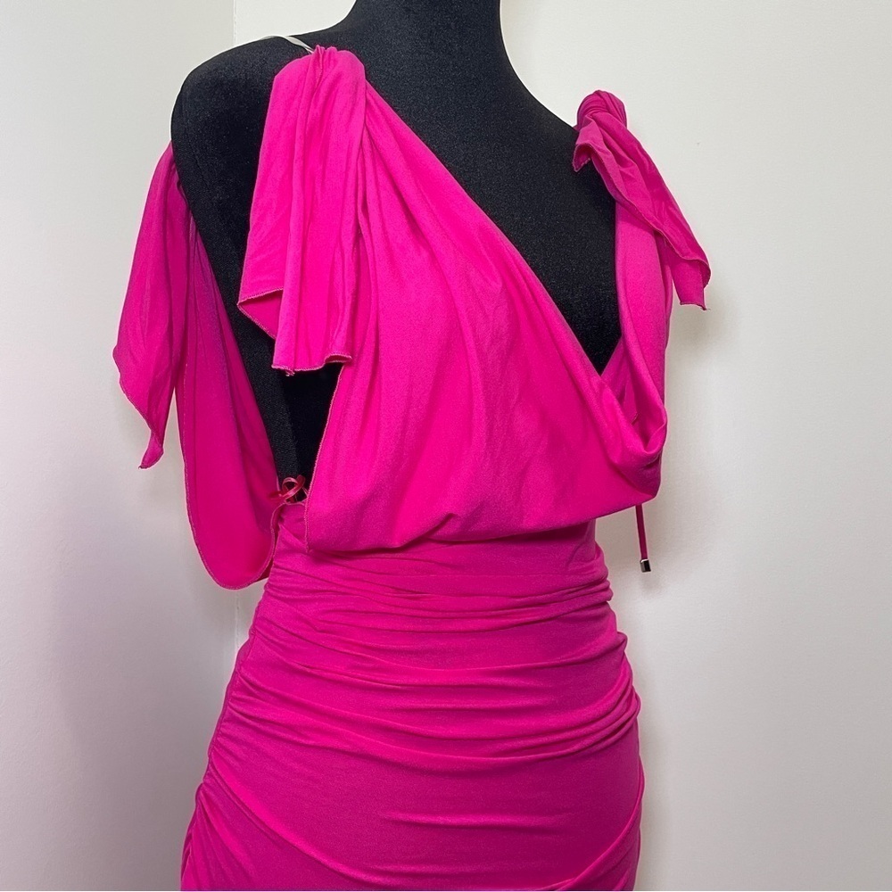 NEW! THE ATTICO- Plunge Neck Mini Dress Fushica Size Small Hot Pink - Picture 4 of 13